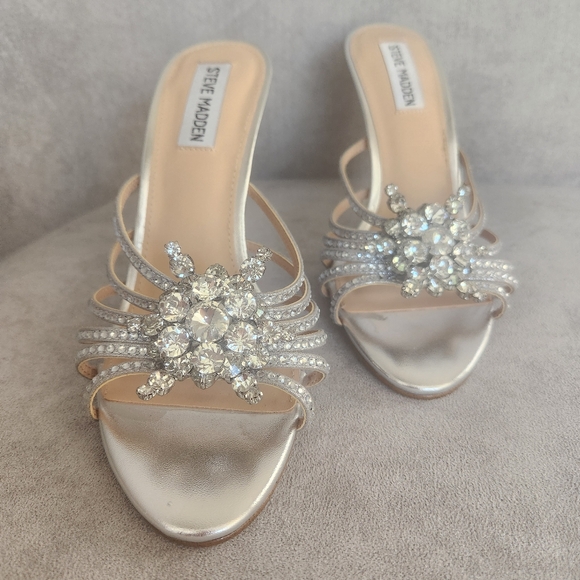 Steve Madden Heeled Sandals 6 Silver Pamola Embellished Rhinestone Mules New$120 - Picture 2 of 12